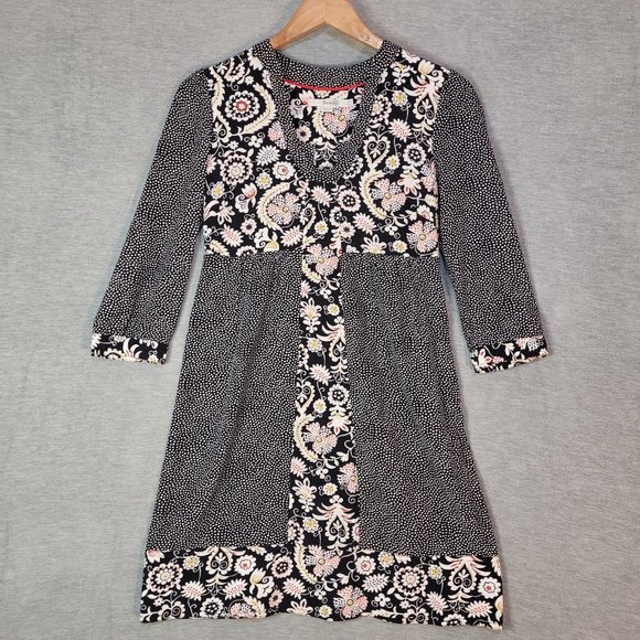 Boden Tunic Dress Womens 2 R 3/4 Sleeve Black Floral Polka Dot - Picture 1 of 16